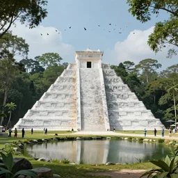 8 k photograph of a massive white stone pyramid next to a small lake, meditation center surrounded by nature, tall lush trees and nature, people walking around!!!!, beautiful, dreamlike, epic majestic masterpiece, nvidia ray tracing demo, flock of birds