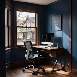 traditional style modern english small office room natural lights, computer on desk and herman miller aeron chair, victorian townhouse home interior, dark steel blue and brown wood colors cozy