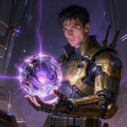 portrait sci-fi art by Moebius and Ruan Jia and Daniel McGarry, a glowing alien liquid metal orb floating above the hand of a soldier, solar flares, futuristic environment, detailed and intricate environment, fractal biomech, cyberpunk, neon color, purple bioluminescence, gold and black metal, dramatic lighting, cinematic, high technology, highly detailed portrait, digital painting, artstation, concept art, smooth, sharp focus, ilustration, Artstation HQ
