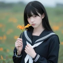 portrait of a pale japanese girl with black hair, wearing black sailor uniform, holding brugmansia sanguinea flower