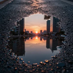 a close - up photo of a rain puddle on the ground reflecting a city at sunset, hyperrealistic, concept art, octane render, unreal engine 5, trending on artstation, high quality, highly detailed, 8 k, dramatic lighting, cinematic, path traced, macro photo, digital art, synthwave, beautiful composition, centered