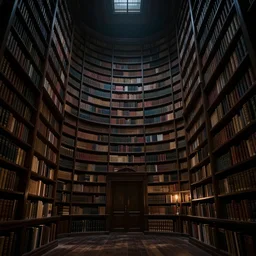 a giant library during a power outage, creepy, dark