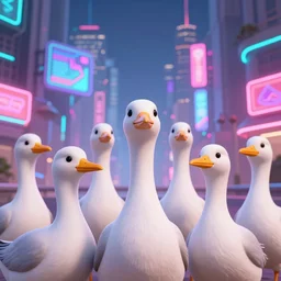A flock of geese, cyberpunk setting, beautiful cityscape background, neon signs, vibrant colors, holograms, 4k, digital art
