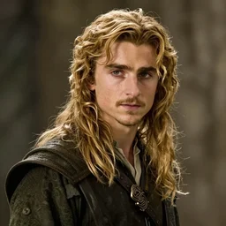 timothee chalamet as legolas, with long blonde hair, a still from the film lord of the rings