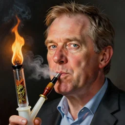 detailed caricature portrait wa alp mr. mark mcgowan alp labor wa candidate mcgowan smokes a water pipe plastic bong with hose, bong full of cannabis lit 🔥 amber, realistic cartoon illustration