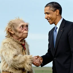 A long-shot , color photograph portrait of Gollum shake hands with Obama, summer, day lighting, 1990 photo from photograph Magazine.