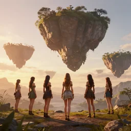 unreal engine render, floating islands with beautiful women in foreground, cinematic, sunset, fantasy, 8 k, trending on artstation