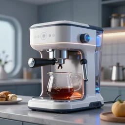 a highly complex drip coffee maker in the futuristic era kitchen, jetsons design style, in the style of hownosm and james jean, ultimate collab, epic, digital art, 3 d, h 9 6 0
