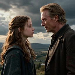 miranda otto / eowyn facing liam neeson / qui - gon jinn, digital art by greg rutkowski