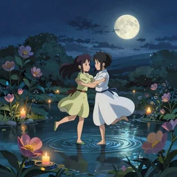 A flower and magical fairy dancing in a river with de moon glow in the background, cozy, candle light, extra detailed, digital illustration, by Makoto Shinkai and thomas kinkade, digital painting, Matte painting, trending on artstation and unreal engine