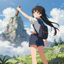 beautiful anime waifu scaling a mountain, pixiv