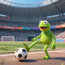 movie still of a rocket league stadium with kermit the frog kicking the ball, art by akira toriyama, 4 k, dragon ball artstyle, cel shaded, highly detailed, epic lighting