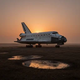 abandoned soviet space shuttle in the hills, around everlasting darkness, sunset, orange glow, puddles of water, atmospheric, wide shot, high definition, high detail, foreboding, artstation, foggy