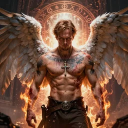 Sam Winchester as a aesthetic muscular angel with big open wings, a cross pendant and religious tattoos on chest and neck, stained and bleeding, magic overlays, magic flames, open portal with runes in the background, romance book cover style, D&D illustration!!!!!!!, fantasy style, sharp focus, ultra detailed, art by Artgerm and Peter Andrew Jones, Ayami Kojima, Amano and Olivier Ledroit