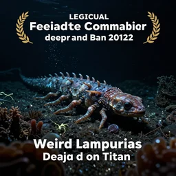 video documentary about weird long creatures from inside deep dark ammonia ocean on titan, black background, very dark dim lighting, legendary award winning underwater nature photography