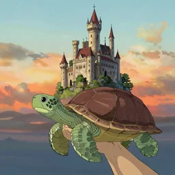 an island held on the shell of a giant turtle with a large castle on top, sunset, drawn by hayao miyazaki, hi res, 4k