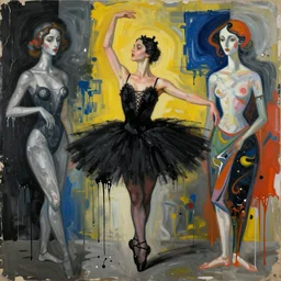 a photorealistic ballerina in black, francis bacon and pat steir and nicolas party and hilma af klint, dripping paint, psycholocal, intriguing details, cg contest winner, altermodern