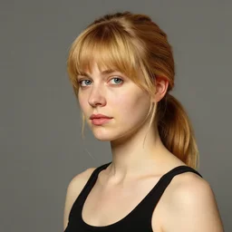 portrait of woman with strawberry blond hair by bastien lecouffe - deharme and charles bowater, bangs, ponytail, greg rutkowski, black tank top