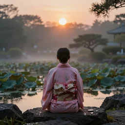 bokeh lens photo behind a zen master wearing a beautiful pink and red kimono quietly sitting in a rock garden overlooking a pond of lilly pads during a sublime sunrise, one sun, his dark silhouette completely obscured by bokeh, colorful masterpiece photography, atmospheric, fog, morning dew,