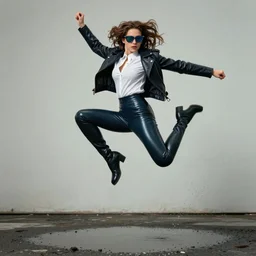 rocker ninja girl jumping, dark tight latex suit, wearing a leather jacket and white blouse, wearing shiny dark sunglasses, jumping over a puddle, dynamic pose, by mike dringenberg and emmanuel lubezki