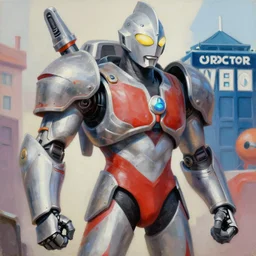 greg manchess portrait painting of armored casshern from casshan ultraman cyberman from doctor who cyborg gay hungarian - american - japanese hybrid as overwatch character, medium shot, asymmetrical, profile picture, organic painting, sunny day, matte painting, bold shapes, hard edges, street art, trending on artstation, by huang guangjian and ail elvgren and sachin teng