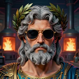 synthwave! outrun! art - deco artdeco greek god hephaestus wearing sunglasses and a laurel wreath | highly detailed | grey hair and beard | very intricate | symmetrical | cinematic lighting | award - winning | closeup portrait | 8 0 s nostalgia | workshop background with burning furnace | painted by donato giancola and mandy jurgens and charlie bowater | featured on artstation