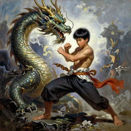 A beautiful oil painting of an attractive young Chinese boy fighting a Chinese dragon, by Lucas Graciano, Frank Frazetta, Greg Rutkowski, Boris Vallejo, epic fantasy character art, high fantasy, Exquisite detail, post-processing, low angle, masterpiece, cinematic