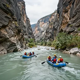 river rafters on a river in a deep canyon