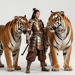 a majestic brown warrior woman wearing a dragonfly armor. woman is face to face with a tiger. studio portrait. photorealistic.