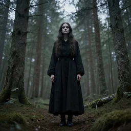 dark eldritch girl in a swedish forest, very low angle photograph, very detailed, trending on artstation, hyperrealistic, soft colors, simon stalenhag, lovecraft, horror