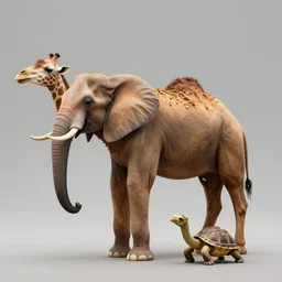 a professional high quality illustration of a camel elephant chimera. a camel imitating a elephant. a giraffe made of turtle.