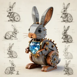mechanical rabbit with a crystal in his chest, steampunk design, made of woods, the rabbit is gray and the crystal inside is blue, by Leonardo da Vinci, drawn projects on paper, instructions to build it