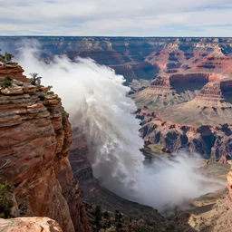 photography of the grand canyon getting hit by a tsunami
