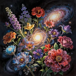 An epic fantastic realism comic book style painting of the most beautiful flowers launched across the galaxy, bouquets, fisheye lens, unreal 5, DAZ, hyperrealistic, octane render, dynamic lighting