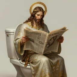 photography of jesus christ sitting a toilet reading newspaper about terrorists, deep focus, d & d, fantasy, intricate, elegant, highly detailed, simple background, digital painting, artstation, concept art, matte, sharp focus, illustration, hearthstone, art by artgerm and greg rutkowski and alphonse mucha