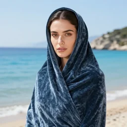 closeup portrait of a woman wrapped in jardiniere velvet, standing on shore of zakynthos greece, color photograph, by john currin, canon eos c 3 0 0, ƒ 1. 8, 3 5 mm, 8 k, medium - format print
