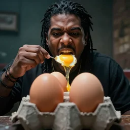 smash mouth eating 2 4 eggs, hyper realism, cinematic, volumetric lighting, epic composition, high detail, depth of field, professional photo, photorealistic,