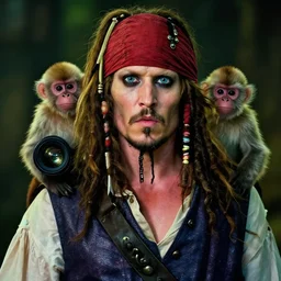 portrait photo albino pirate with red headband and a monkey on his shoulder, 70mm sigma lens, cinematic lighting, movie still, HD, color graded