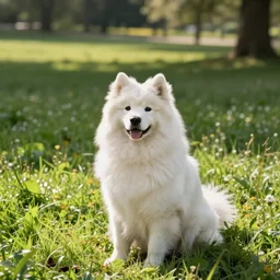 a samoyed dog sitting in the middle of sunny meadow, colored, by Greg Weisman