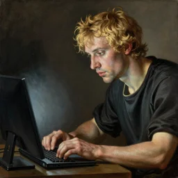 a blonde man studying soccer on his computer, highly detailed, heroic, epic, complex, realistic, HD quality, 8k resolution, body and headshot, Oil Painting, Italian Renaissance Painting Style,Trending on Artstation