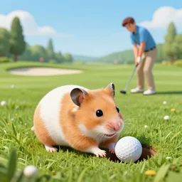 “ hamster coming out of a golf hole as a man hits the golf ball ”