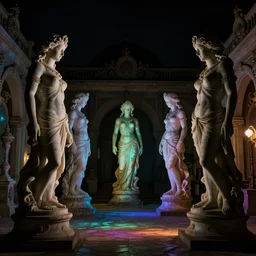silhouettes of otherworldy baroque neoclassicist sci - fi marble figures in a colorful glowing courtyard at night. gloomy atmosphere, dark black background