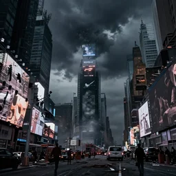 dark photo of an destroyed times square after a nuclear attack, thunderstorm, pictorialism, desolate