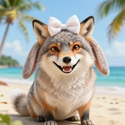 a photorealistic adorable zany alluring chubby charming but vicious fennic fox wolf rabbit hybrid, with long floppy rabbit ears, wearing a bow on the top of its head, grinning at the camera with a mischievous look, sharp teeth, happy lighting, at a tropical beach