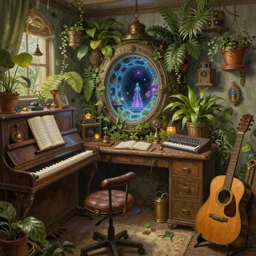 very tidy steampunk home office overseeing a magical portal, lush plants, piano, guitar, synthesizer, beautifully lit, very detailed painting, hyperrealism, trending on artstation