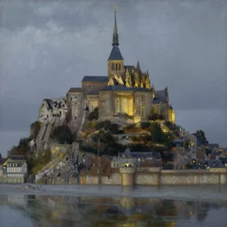 masterpiece oil painting portraying mont saint michel but it's in the mountains in the style of romanticism landscape painters with a building on the foreground,beautiful!!!!!!!,misty!!!!!!!!!,detailed!!!!!!!,night sky,evocative,reflection in the water,photorealistic,chiaroscuro,soft lighting