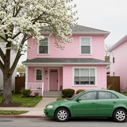photo of pink suburban house, green car, tree with white blossoms, style of photographer william verbeek and kyle mcdougal, trending on instagram, 3 5 mm film, kodak portra 4 0 0 film photography, late afternoon, photorealistic