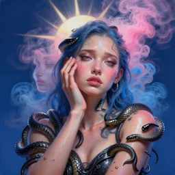 3 d, pink and blue smoke, sun rays, worry fashion model, sweat skin, liquid black metal, snakes, poster art, high detail, intricate oil painting, multiple exposure, deep blue mood, hyperrealism, 3 d, by tooth wu and wlop and beeple and greg rutkowski