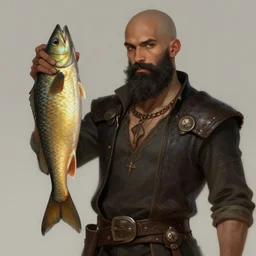 wow! fanart young black bearded and bald man with a fish in his hand, d & d, high fantasy, detailed, digital art, artstation, smooth, sharp focus, art by artgerm, greg rutkowski, alphonse mucha