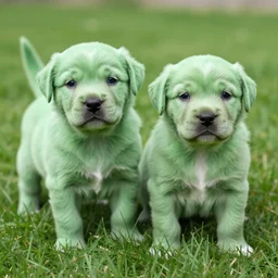 two adorable green puppies on grass